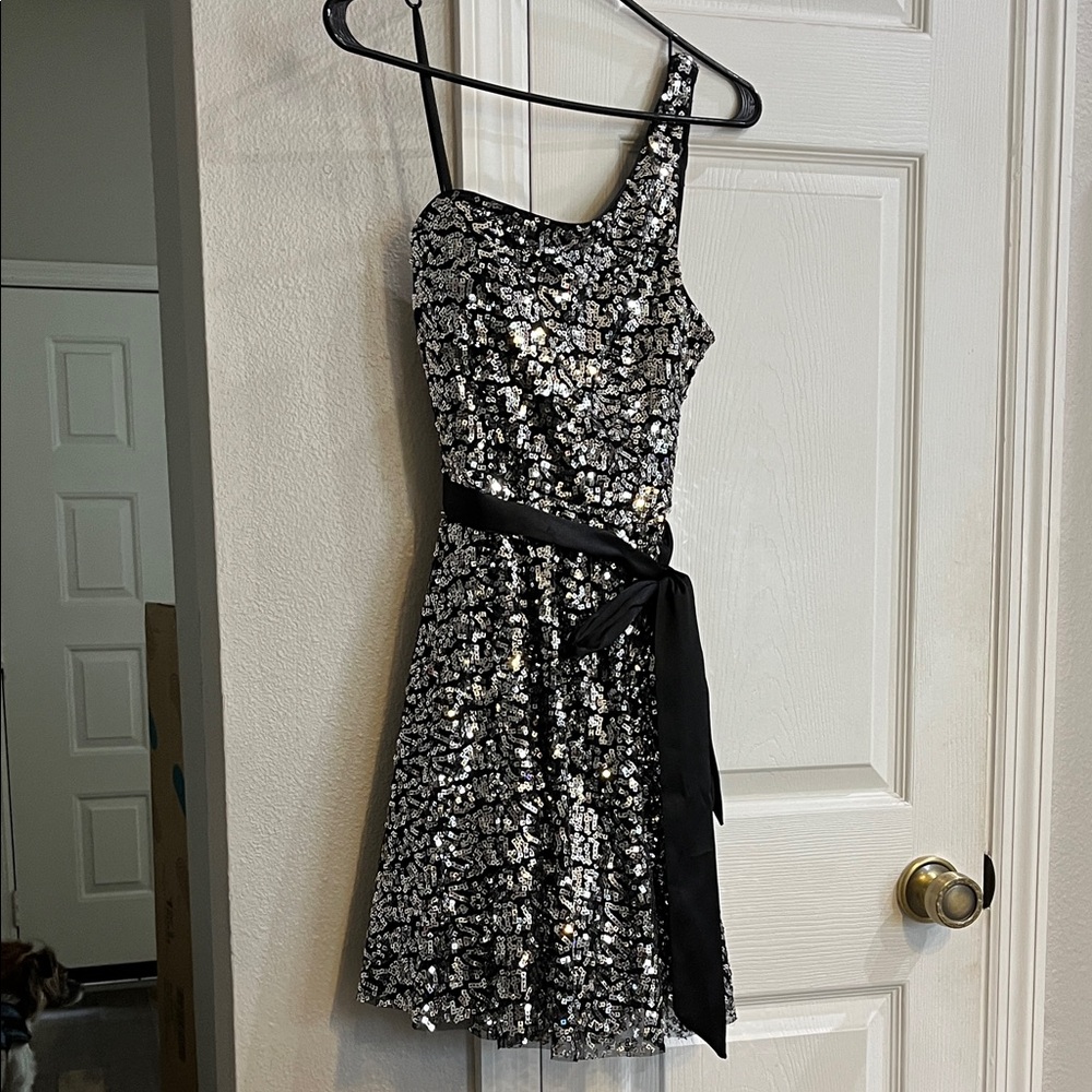 Betsy & Adam Black and Silver One-Shoulder Dress